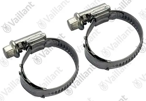 Zwei metallische Rohrschellen mit Schraubverschluss von Vaillant, zur Befestigung von Rohren oder Schläuchen, auf heller Hintergrund.
